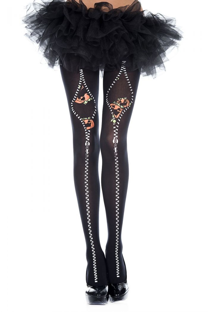 Music Legs Pumpkin-and-flocked-zipper-print-tights  Halloween 2018 | Pantyhose Library