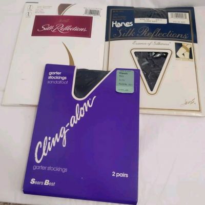 Hanes Silk Reflections 2 PR Silky Stockings & 1 PR Sears Cling-alon New Vint SZ2