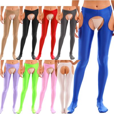 US Womens Glossy Pantyhose Shiny Crotchless Tights Yoga Dance Sport Long Pants