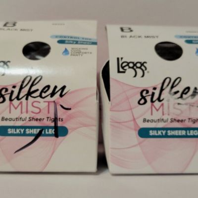L'eggs Silken Mist 2 Pairs Black Silky Sheer Leg Tights Size B D-5 NEW