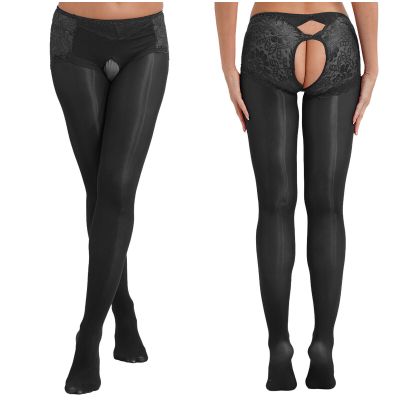 Women Sheer See-through Pantyhose Floral Lace Crotchless Tights Cutout Stockings