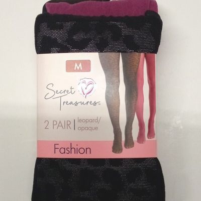 Secret Treasures Women's Wine Red Opaque & Black Leopard 2 Pack Tights Size M