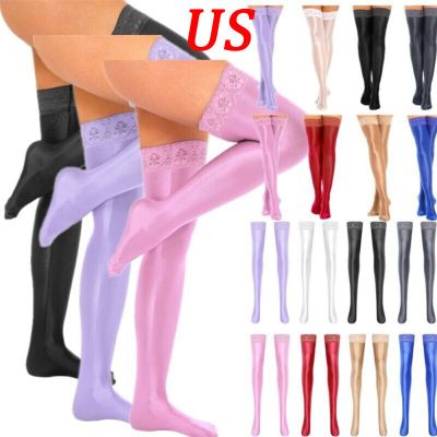 US Womens Shiny Thigh High Stockings Lace Sheer Footed Tight Stay Up Pantyhose