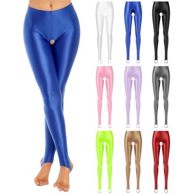 Womens Oil Shiny Open Crotch Leggings Skinny Stirrup Pants Hollow Out Stockings