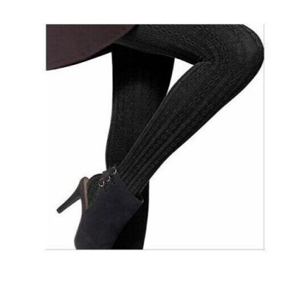 HUE Women's Cabled Rib Tights w/Control Top (Small/Medium, Black)
