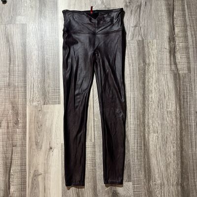 SPANX Leggings Faux Leather Shiny Metallic Burgundy Wine Women Large High Rise