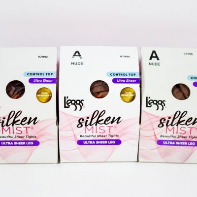 3 L'eggs Silken Mist Control Top Run Resistant Ultra Sheer Leg Tights NUDE Sz A
