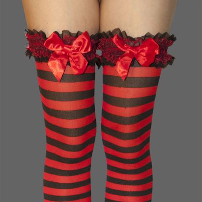 PARTY  COSTUME  DELUXE GARTER TOP BLACK RED STRIPE STOCKINGS THIGH HIGH NWT