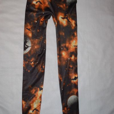 JR Womens Leggings BLACK ORANGE WITCH BATS MOON Semi-sheer Material  S 3-5