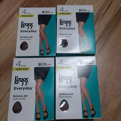 NIB New Leggs Everyday Regular Pantyhose 4 Pair Sz B  Nude Sheer Toe lot 16 pair