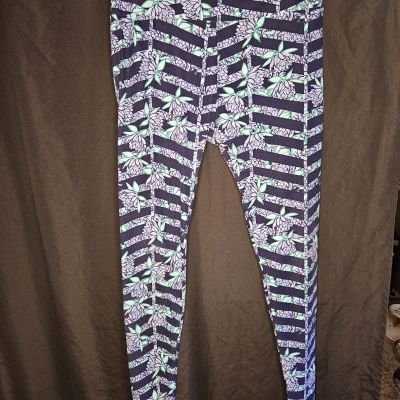 Lularoe Tall and Curvy Womens Blue and Purple Floral Striped Leggings