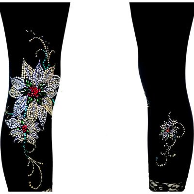 Regular Capri Length Leggings Rhinestone Embellished Gold & Silver Poinsettia's
