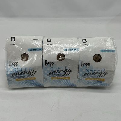 3 Pack Leggs Sheer Energy Control Top Size B Nude 97756 Light Support Leg