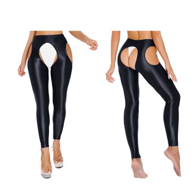 US Women's Oily Glossy High Waisted Cutout Stretchy Sports Tights Workout Pants