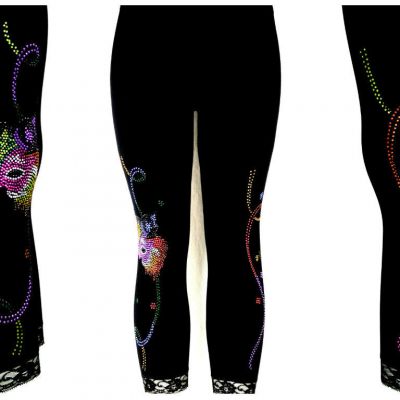 Regular One Size Yoga Capri Leggings Rhinestone Mardi Gras Cat Mask & Streamers