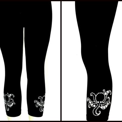REGULAR SIZE CAPRI LENGTH LEGGINGS EMBELLISHED PEARLY RHINESTONE OCTOPUS DESIGN