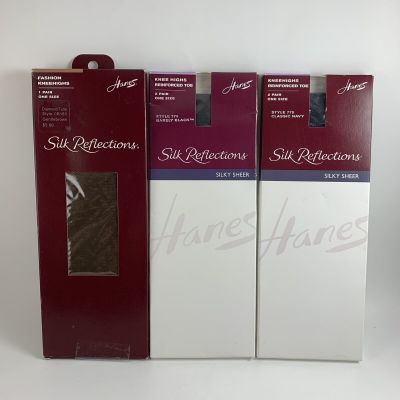 Hanes SILK REFLECTIONS KNEE HIGHS 5 Pair 775 Black & Navy, 185 Diamond Brown USA
