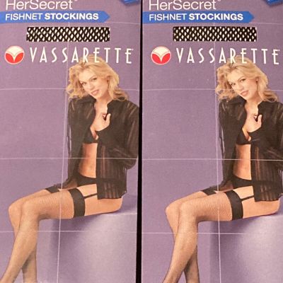 2 Pair Vassarette Her Secret Fishnet Stockings Medium Black Garter NOT Included