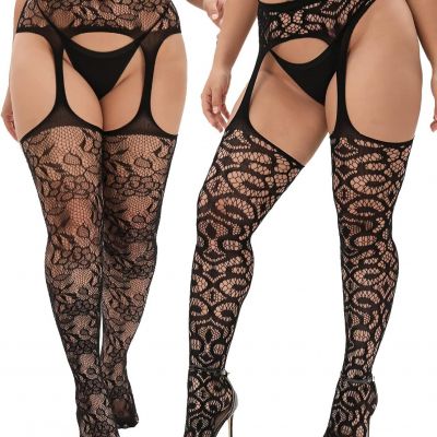MANZI Plus Size Thigh High Stockings Womens One Plus, 2pcs-black-02