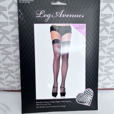 Leg Ave 9122 Fishnet Stay Up Stockings Lycra Lace Silicone Women Reg Plus Black
