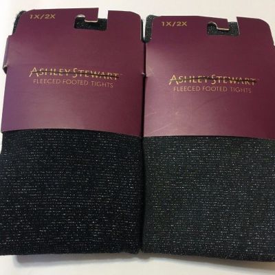Size 1X/2X Ashley Stewart Plus Fleece Footed Tights Shimmery Gray or Black NIB