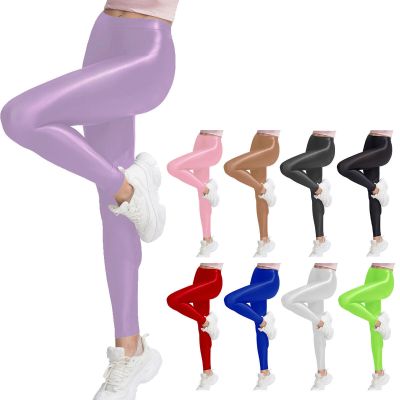 US Womens Satin Glossy Yoga Pants Super Elastic Workout Sports Leggings Trousers
