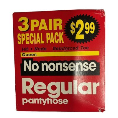 No Nonsense 3 Pack Regular Pantyhose with Reinforced Toe Size Queen Nude NWB