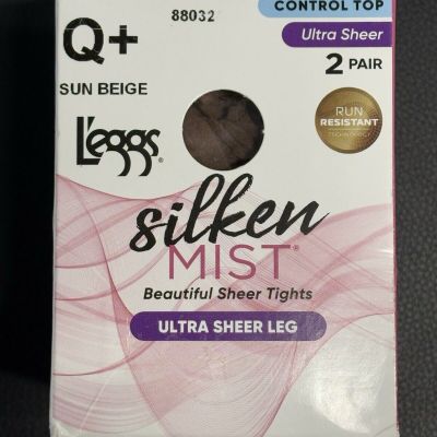 Leggs Silken Mist Pantyhose Tights Control Top Silky Sheer Q+ Sun Beige 2 Pack