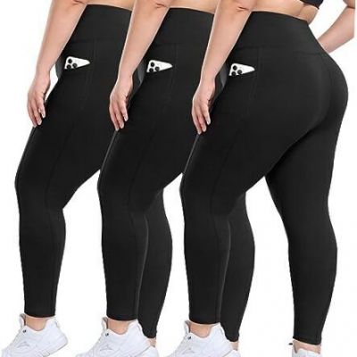 3 Pack Plus Size Leggings with Pockets for XX-Large 26 inch Black/Black/Black