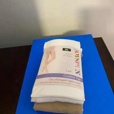 NEW WOMEN'S SIZE XL JOYSPUN 2 PACK WHITE /CHINO OPAQUE TIGHTS 60 DENIER