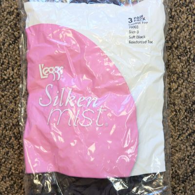 3-Pack L'eggs Silken Mist Control Top Reinforced Toe Pantyhose SOFT BLACK Size B