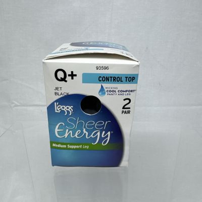 L'eggs  Control Top Sheer Energy JET BLACK Wicking Medium Support Tight Q+2 NIP