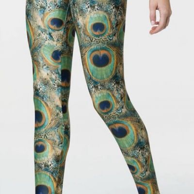 Onzie Peacock Print Leggings Yoga Green Blue Extra Small XS Full Length Workout