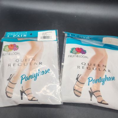 Fruit of the Loom Pantyhose Queen Regular Sandalfoot Beige 2X Plus VTG Lot Of 2