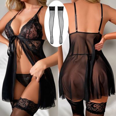 Women Sexy Lingerie Lace Nightwear Underwear Babydoll Stockings Set Sleepwear US