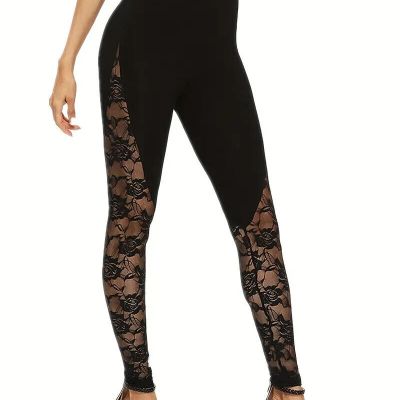 Solid Lace Black Roses infused Skinny Stretchy Woman Leggings S, L, XL, XXL