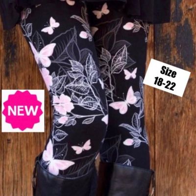 NEW Sizes 18-22 Black Pink Butterfly Leggings Soft Yoga Pants XPLUS