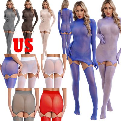 US Womens One Piece Shiny Oil Silk Bodystocking Long Sleeves Gloves Jumpsuits