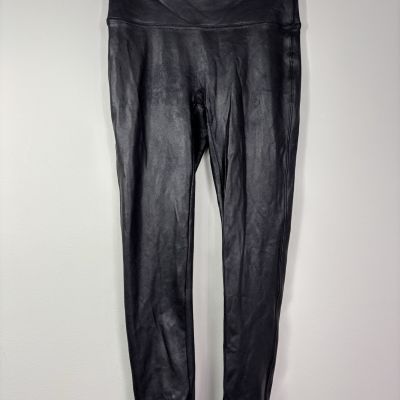 SPANX Leggings XL Black Faux Leather High Rise Glossy Shiny Yoga New