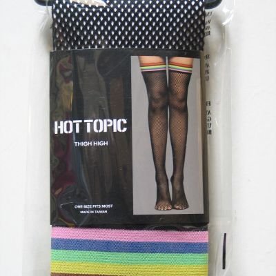 HOT TOPIC RAINBOW ELASTIC TOP BLACK  FISHNET THIGH HIGH STOCKINGS FOR GARTER NWT