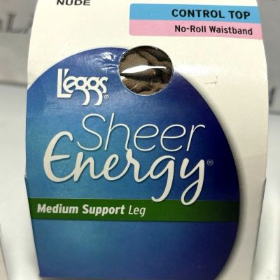 Leggs Sheer Energy Medium Support, No-Roll Control Top Pantyhose - Nude - Size Q
