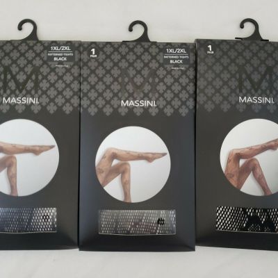 Three (3) Pairs Massini Sexy Fishnet & Floral Patterned Tights Size 1XL/2XL