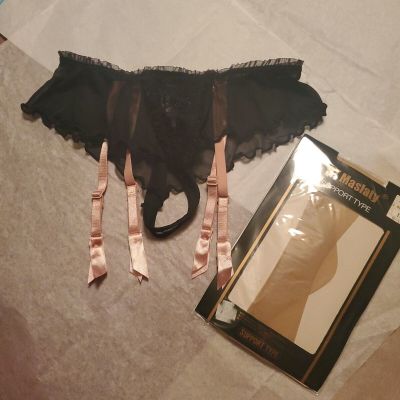 Garter & Stocking. By Sophie B.  S/5  Black Lace Pink Straps New