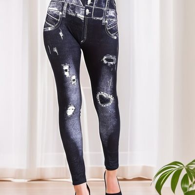 Faux Denim Print Fashion Yoga Leggings, Casual High Elastic Sport Pants,