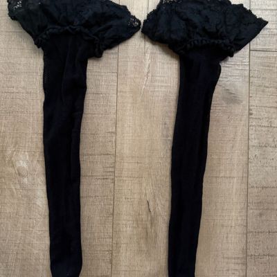 Black Fishnet Knee High Stockings with Lace Top MED NWOT