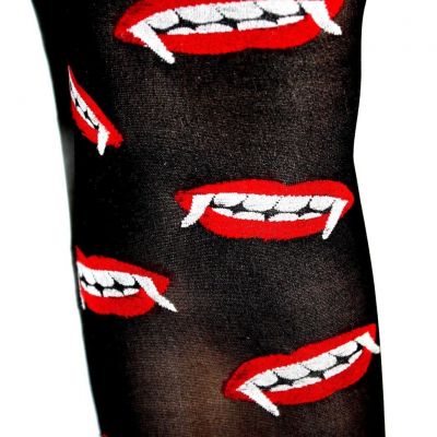 One Pr Womens Pantyhose Tights Sz S/M Vampire Dracula Fangs Goth Emo Halloween
