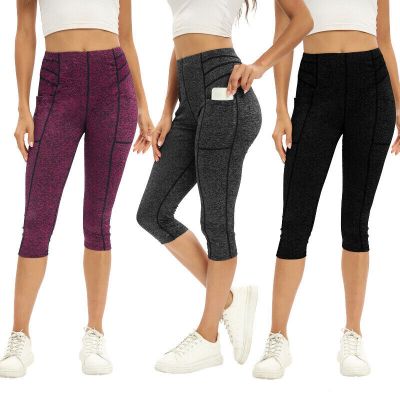 Women's High Waisted Yoga Pants Capri Leggings with Pockets Gym Fitness Workout