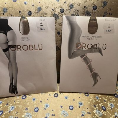 Oroblù Lot Medium Compression Tights L Nude And Fishnet Stay Ups L/XL Sable $50
