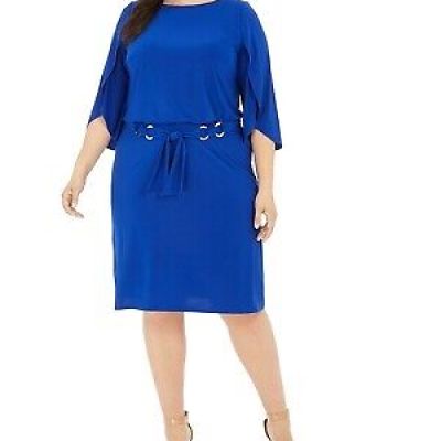 Msk Plus Size Belted Tulip-Sleeve Dress - Goddess Blue 2X