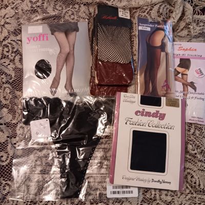 Valentine Sexy Stockings! 5 Prs Lace Top, SUSPENDER, Fishnet, Bonus LACY THONG!